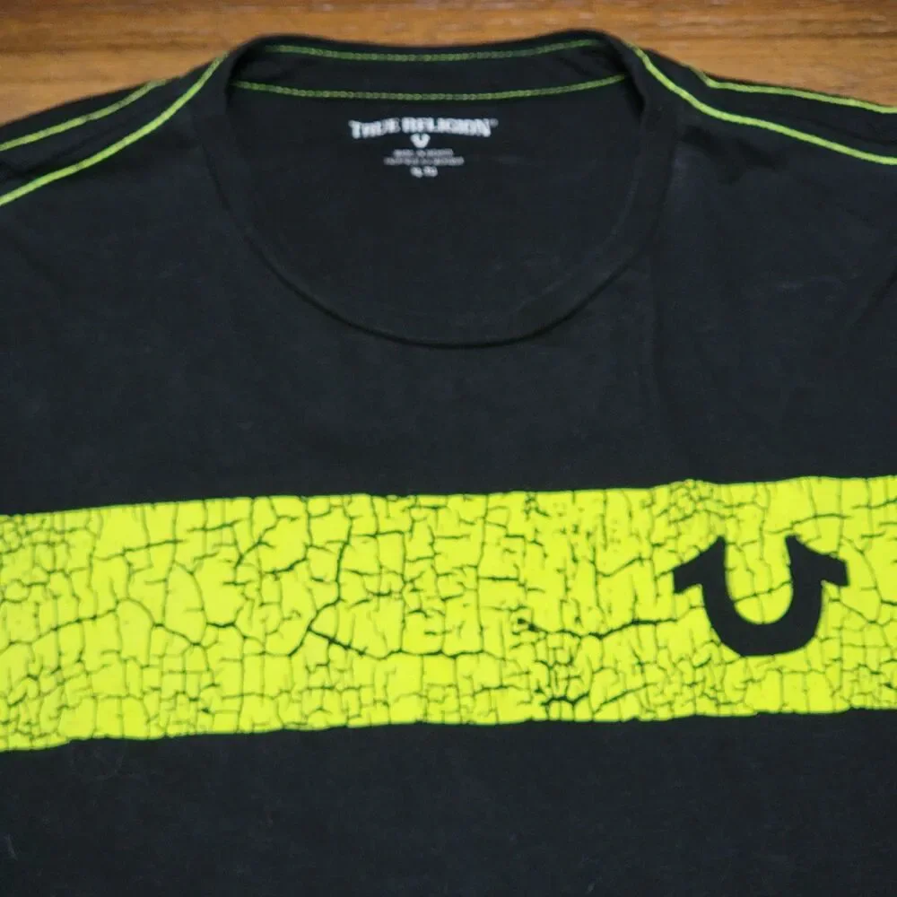 True Religion SS Black Unisex Tee Neon Yellow Stripe - Size XL